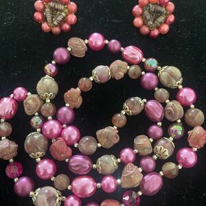 VINTAGE Pink and Brown Beaded Necklace and Earring Set